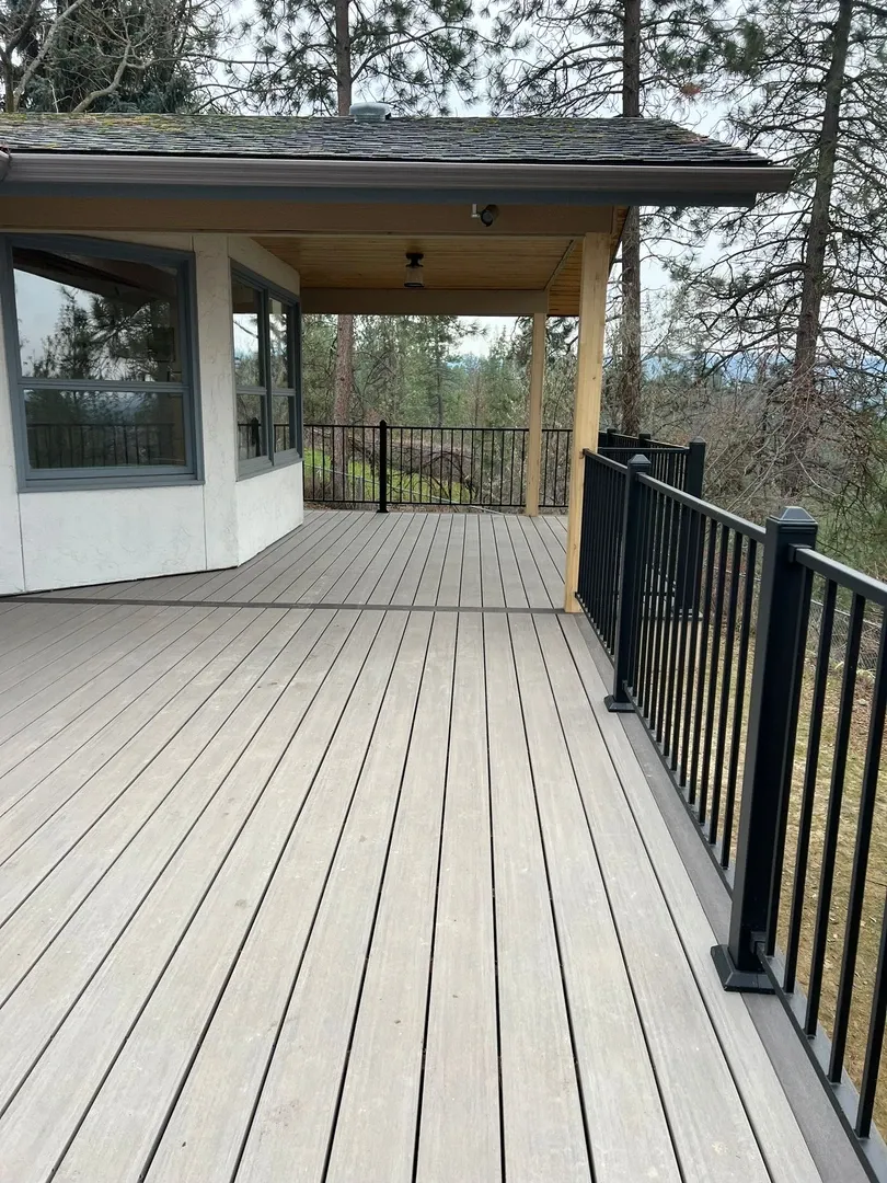 Deck framing detail on a completed Spokane-region build