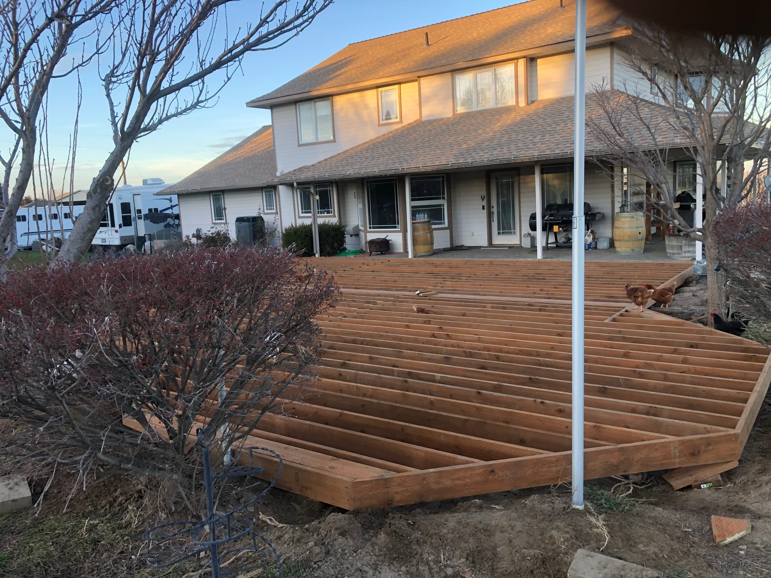 Bare joist framing of a large angled deck in front of a two-storey house with flagpole, evening light
