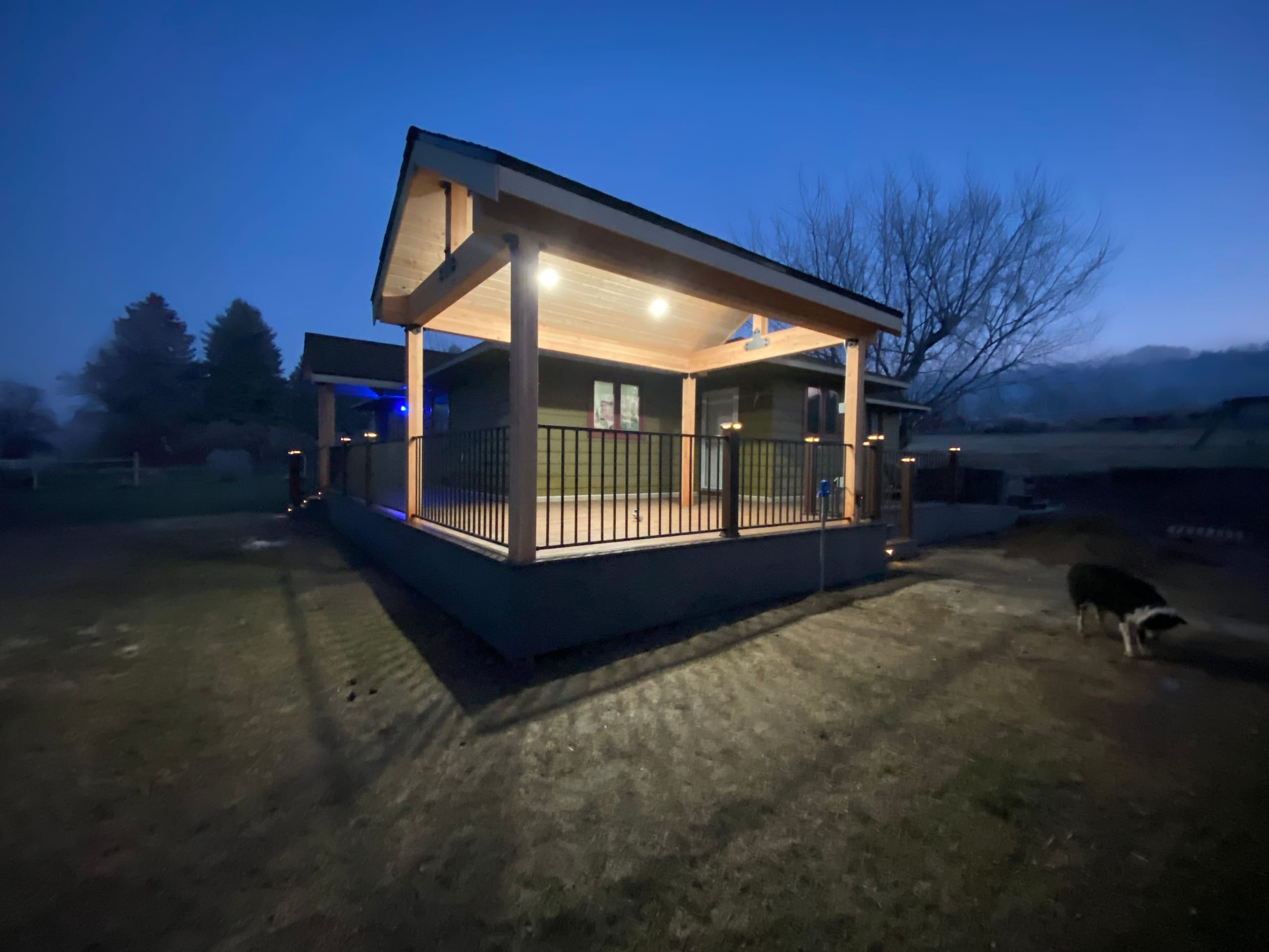 Covered gabled deck with timber posts, lit cedar ceiling and black railing at night, dark rural yard with a dog