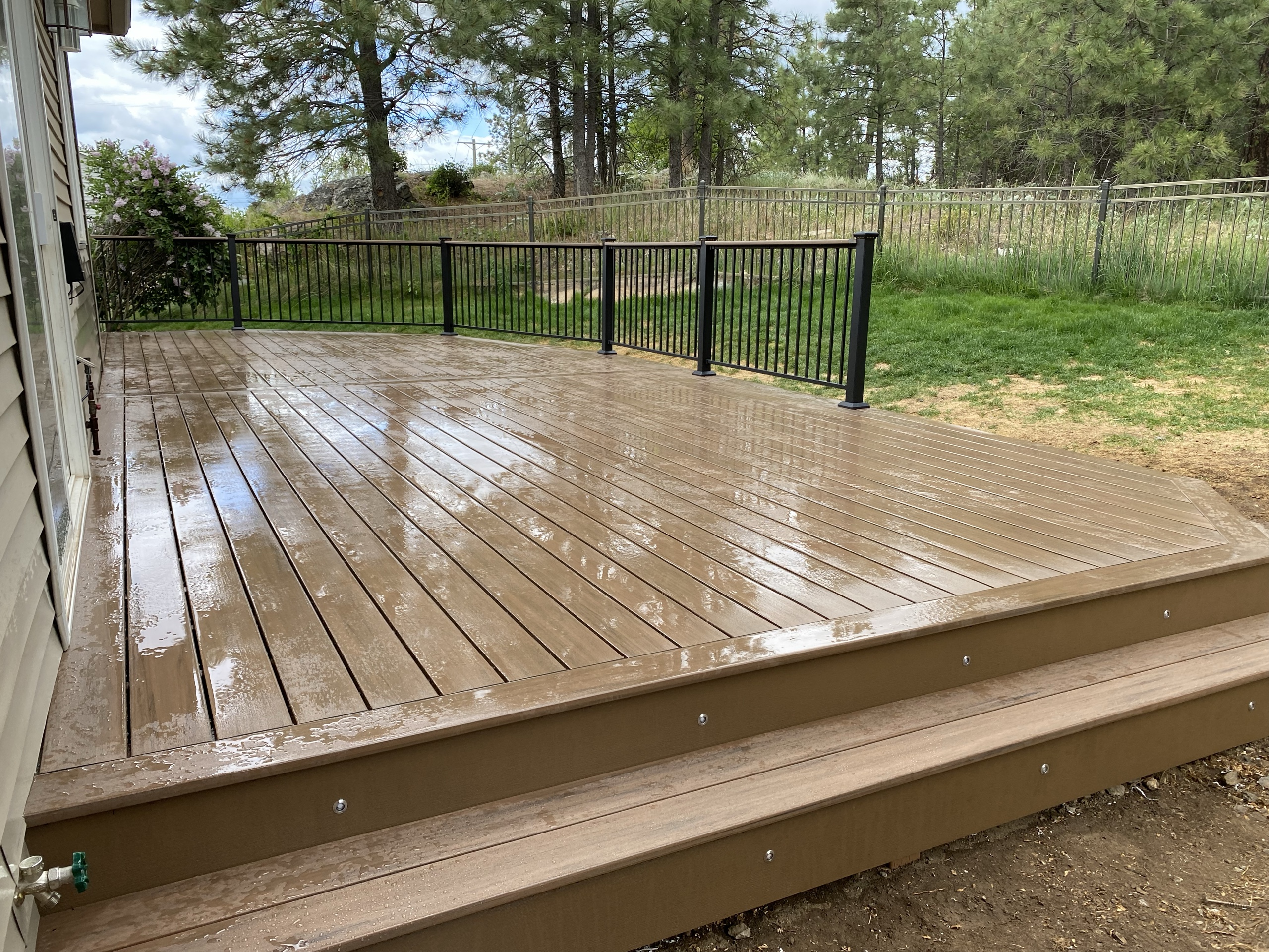 Wet brown composite deck with step lights, black picket railing and wide steps, pines behind
